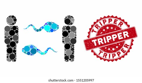 Mosaic persons sperm exchange and corroded stamp seal with Tripper phrase. Mosaic vector is created with persons sperm exchange icon and with scattered round elements. Tripper stamp uses red color,