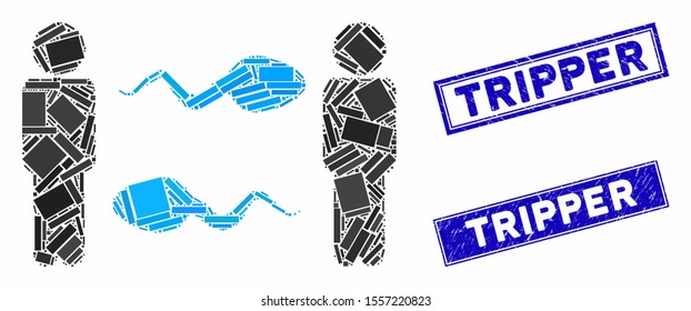Mosaic persons sperm exchange icon and rectangle seals. Flat vector persons sperm exchange mosaic icon of randomized rotated rectangle items. Blue caption rubber seals with dirty textures.