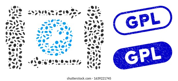 Mosaic persons tools exchange and grunge stamp seals with GPL caption. Mosaic vector persons tools exchange is composed with randomized elliptic items. GPL seals use blue color,