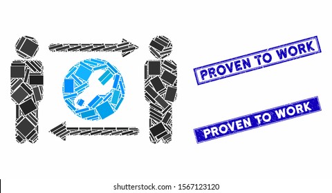 Mosaic persons tools exchange icon and rectangular stamps. Flat vector persons tools exchange mosaic icon of random rotated rectangular items. Blue caption watermarks with distress surface.