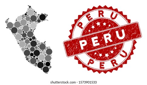 Mosaic Peru map and circle seal stamp. Flat vector Peru map mosaic of random spheric elements. Red rubber stamp with rubber texture. Designed for political and patriotic posters.