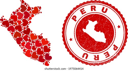 Mosaic Peru map created with red love hearts, and scratched seal stamp. Vector lovely round red rubber stamp imitation with Peru map inside.