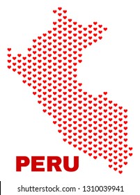 Mosaic Peru map of love hearts in red color isolated on a white background. Regular red heart pattern in shape of Peru map. Abstract design for Valentine decoration.