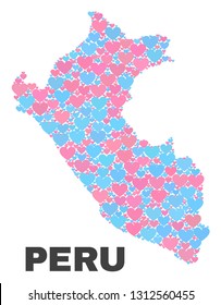 Mosaic Peru map of lovely hearts in pink and blue colors isolated on a white background. Lovely heart collage in shape of Peru map. Abstract design for Valentine illustrations.