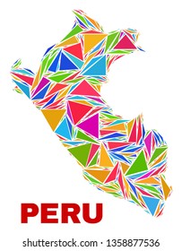 Mosaic Peru map of triangles in bright colors isolated on a white background. Triangular collage in shape of Peru map. Abstract design for patriotic decoration.