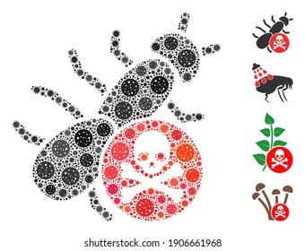 Mosaic pesticide designed from SARS virus icons in different sizes and color hues. Vector infection elements are united into abstract mosaic pesticide icon. Some bonus icons are added.
