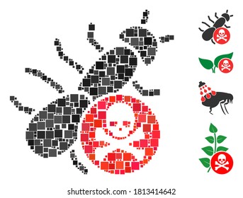 Mosaic Pesticide icon constructed from square elements in various sizes and color hues. Vector square items are organized into abstract mosaic pesticide icon. Bonus icons are added.