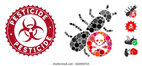 Mosaic pesticide icon and distressed stamp seal with Pesticide text and biohazard symbol. Mosaic vector is formed with pesticide icon and with randomized round elements.