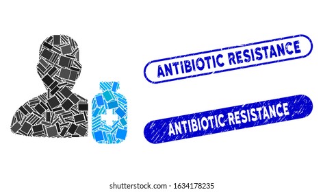 Mosaic pharmacist medicine and rubber stamp seals with Antibiotic Resistance caption. Mosaic vector pharmacist medicine is composed with scattered rectangle items.