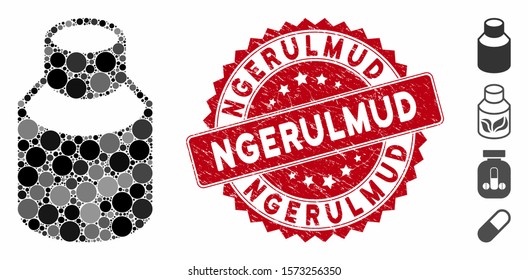 Mosaic phial icon and corroded stamp seal with Ngerulmud caption. Mosaic vector is formed with phial icon and with scattered circle items. Ngerulmud stamp seal uses red color, and dirty texture.