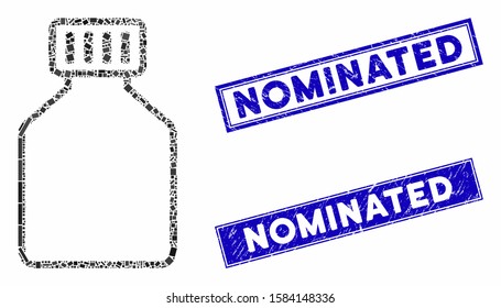 Mosaic phial pictogram and rectangle Nominated stamps. Flat vector phial mosaic pictogram of randomized rotated rectangle items. Blue Nominated rubber stamps with rubber textures.