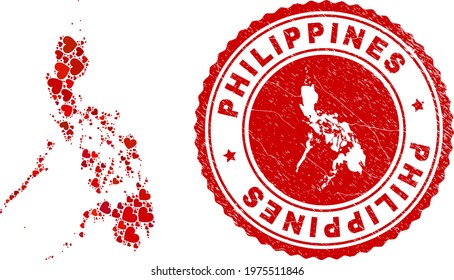Mosaic Philippines map composed with red love hearts, and rubber stamp. Vector lovely round red rubber seal stamp imitation with Philippines map inside.