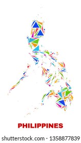 Mosaic Philippines map of triangles in bright colors isolated on a white background. Triangular collage in shape of Philippines map. Abstract design for patriotic decoration.