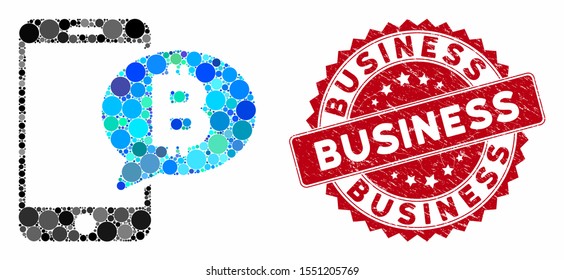 Mosaic phone Bitcoin SMS and distressed stamp seal with Business caption. Mosaic vector is composed from phone Bitcoin SMS icon and with scattered round spots. Business stamp seal uses red color,