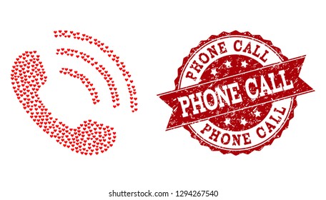 Mosaic phone call composed with red love hearts, and isolated grunge watermark. Composition for Valentines Day. Phone call concept constructed with small randomized wedding heart icons.