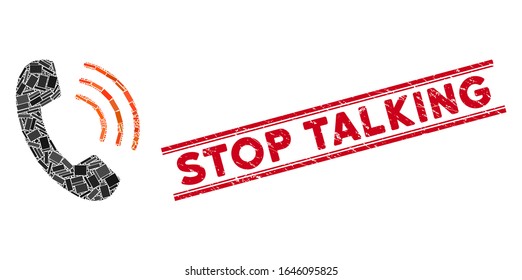 Mosaic phone call icon and red Stop Talking seal stamp between double parallel lines. Flat vector phone call mosaic pictogram of scattered rotated rectangle elements.