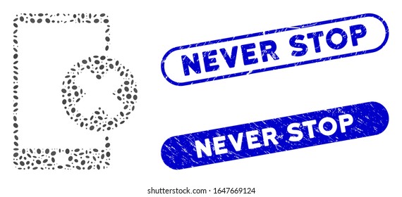 Mosaic phone cancel and grunge stamp seals with Never Stop caption. Mosaic vector phone cancel is composed with random oval items. Never Stop stamp seals use blue color,