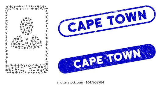 Mosaic phone customer profile and grunge stamp watermarks with Cape Town phrase. Mosaic vector phone customer profile is formed with random ellipse items. Cape Town stamp seals use blue color,