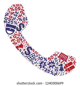 Mosaic phone designed with blue and red shopping symbols. Retail combination of mosaic phone icon. Flat design for shopping illustrations.
