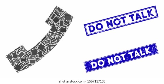 Mosaic phone icon and rectangle rubber prints. Flat vector phone mosaic pictogram of scattered rotated rectangle items. Blue caption rubber seals with rubber textures.