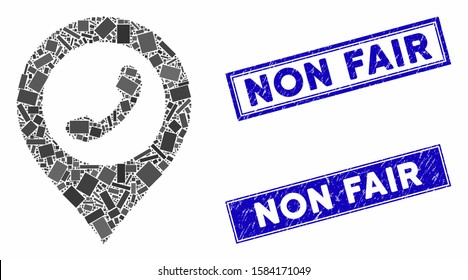 Mosaic phone marker pictogram and rectangular Non Fair stamps. Flat vector phone marker mosaic pictogram of randomized rotated rectangular elements. Blue Non Fair seal stamps with grunge surface.