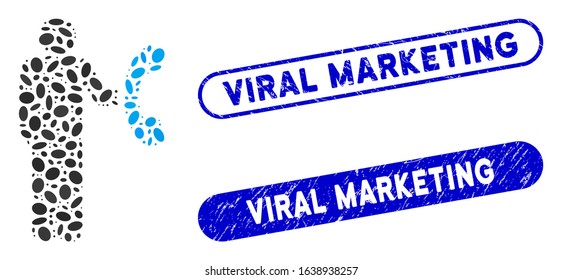 Mosaic phone marketing and distressed stamp seals with Viral Marketing text. Mosaic vector phone marketing is designed with scattered elliptic items. Viral Marketing stamp seals use blue color,