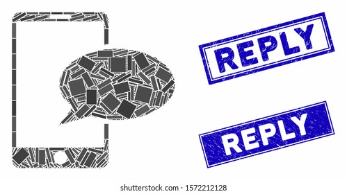 Mosaic phone message pictogram and rectangle Reply seals. Flat vector phone message mosaic icon of scattered rotated rectangle items. Blue Reply rubber seals with rubber texture.