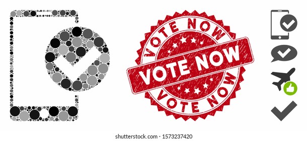 Mosaic phone OK icon and grunge stamp watermark with Vote Now phrase. Mosaic vector is created with phone OK icon and with scattered spheric elements. Vote Now stamp uses red color,