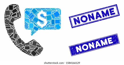 Mosaic phone order icon and rectangular Noname seal stamps. Flat vector phone order mosaic icon of random rotated rectangular elements. Blue Noname stamps with dirty surface.