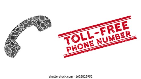 Mosaic phone receiver hang up icon and red Toll-Free Phone Number watermark between double parallel lines. Flat vector phone receiver hang up mosaic pictogram of randomized rotated rectangular items.