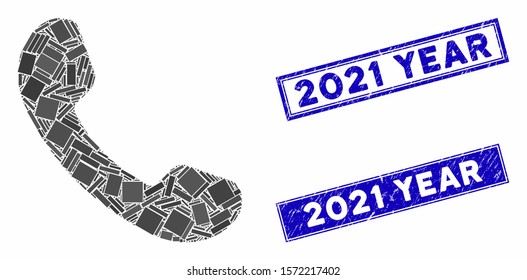 Mosaic phone receiver icon and rectangle 2021 Year stamps. Flat vector phone receiver mosaic icon of scattered rotated rectangle items. Blue 2021 Year stamps with rubber surface.
