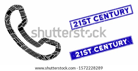 Mosaic phone receiver pictogram and rectangular 21St Century rubber prints. Flat vector phone receiver mosaic pictogram of scattered rotated rectangular elements.