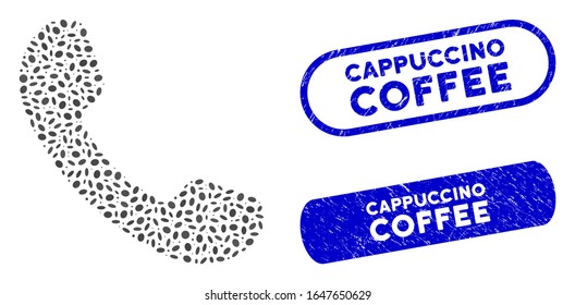 Mosaic phone receiver and rubber stamp seals with Cappuccino Coffee phrase. Mosaic vector phone receiver is composed with randomized elliptic elements. Cappuccino Coffee stamp seals use blue color,