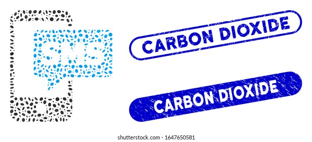 Mosaic phone SMS and corroded stamp watermarks with Carbon Dioxide text. Mosaic vector phone SMS is designed with random elliptic spots. Carbon Dioxide stamp seals use blue color,