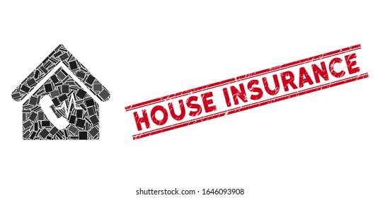 Mosaic phone station building icon and red House Insurance seal stamp between double parallel lines. Flat vector phone station building mosaic icon of random rotated rectangular elements.
