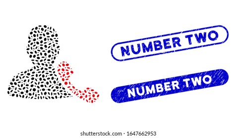 Mosaic phone support and rubber stamp seals with Number Two phrase. Mosaic vector phone support is created with randomized ellipse spots. Number Two stamp seals use blue color,