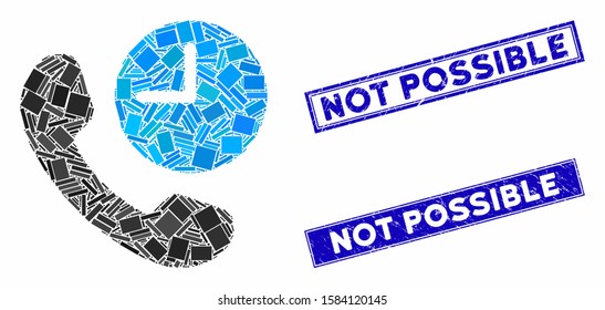 Mosaic phone time icon and rectangular Not Possible stamps. Flat vector phone time mosaic icon of scattered rotated rectangular elements. Blue Not Possible rubber stamps with dirty surface.
