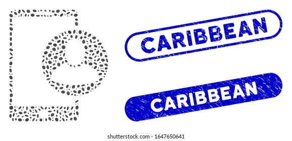 Mosaic phone user profile and rubber stamp seals with Caribbean text. Mosaic vector phone user profile is created with scattered ellipse items. Caribbean seals use blue color,