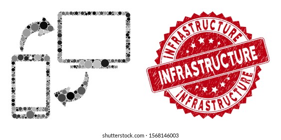 Mosaic phone-desktop sync and grunge stamp watermark with Infrastructure caption. Mosaic vector is formed with phone-desktop sync icon and with scattered spheric elements.