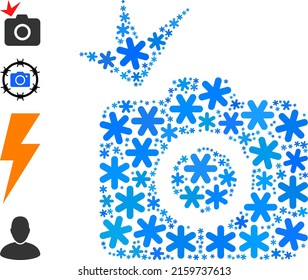 Mosaic Photo Flash Icon Combined For Winter, New Year, Christmas. Photo Flash Icon Mosaic Is Constructed Of Light Blue Snowflakes. Some Similar Icons Are Added.