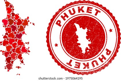 Mosaic Phuket map composed with red love hearts, and rubber stamp. Vector lovely round red rubber badge imprint with Phuket map inside. Geographic abstraction of Phuket map with red wedding symbols.