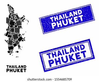 Mosaic Phuket map and rectangle stamps. Flat vector Phuket map mosaic of randomized rotated rectangle items. Blue caption seal stamps with corroded textures.
