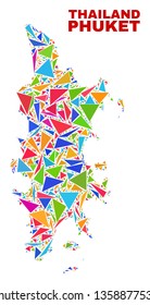 Mosaic Phuket map of triangles in bright colors isolated on a white background. Triangular collage in shape of Phuket map. Abstract design for patriotic purposes.