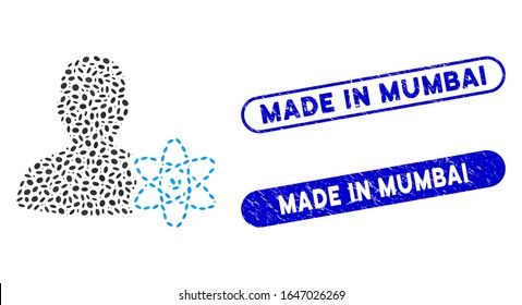 Mosaic physicist science and distressed stamp watermarks with Made in Mumbai phrase. Mosaic vector physicist science is designed with scattered ellipse spots.