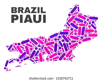 Mosaic Piaui State map isolated on a white background. Vector geographic abstraction in pink and violet colors. Mosaic of Piaui State map combined of random round dots and lines.