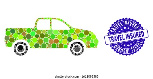 Mosaic pickup icon and rubber stamp watermark with Travel Insured phrase. Mosaic vector is formed with pickup pictogram and with scattered spheric spots. Travel Insured stamp uses blue color,