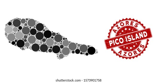 Mosaic Pico Island map and circle seal. Flat vector Pico Island map mosaic of random circle items. Red seal stamp with distress surface. Designed for political and patriotic posters.