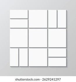 Mosaic picture frame. Mood board background. Gallery banner. Portfolio images mockup. Scrapbook brandboard template. Album moodboard grid. Photo collage square layout. Vector illustration