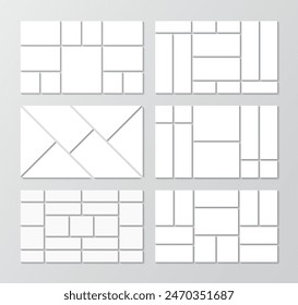 Mosaic picture frames collection. Set of collage template. Moodboard layout. Album brandboard presentation. Mood board background. Scrapbook grid. Gallery banner. Portfolio images. Vector illustration