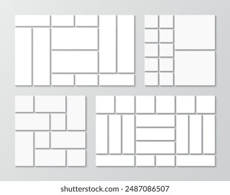 Mosaic pictures frame collection. Album brandboard grid. Photo collage templates set. Moodboard layout. Gallery banner. Portfolio images. Abstract forms. Retro background. Vector illustration